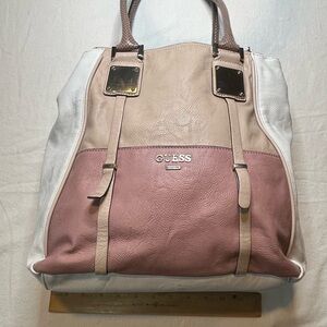 Guess Pink/Tan/White Leather Double Handle Shoulder Tote Bag